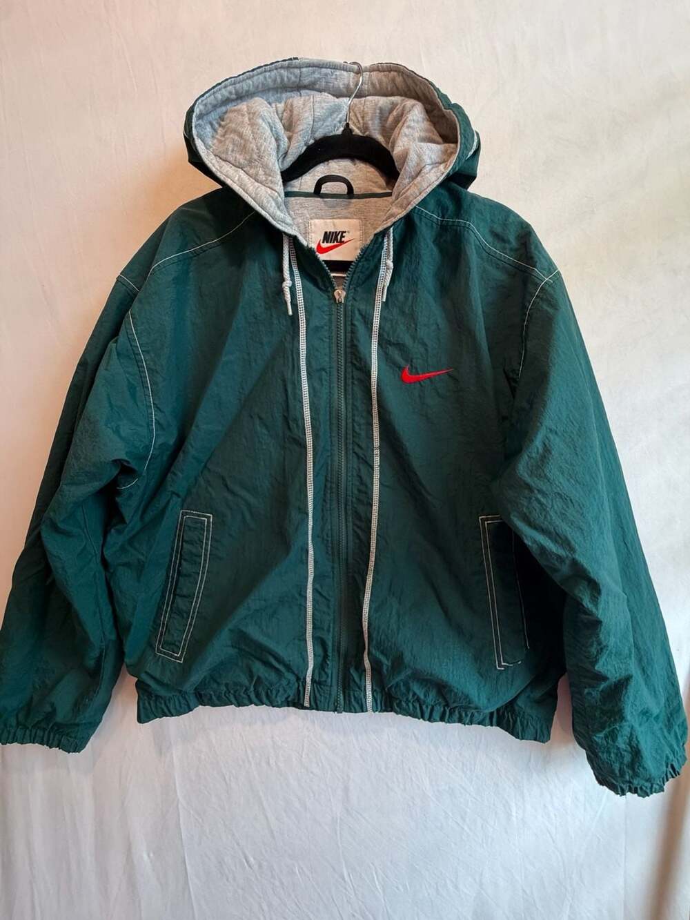 Vintage Nike Green Quilted Hooded Nylon Jacket with Red Swoosh Size M